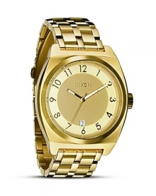 Be fashionably on time. With chunky-chic gold bracelet, Nixon's classically styled chronograph makes a handsome complement to this season's boy-borrowed looks. Be fashionably on time. With chunky-chic gold bracelet, Nixon's classically styled chronograph makes a handsome complement to this season's boy-borrowed looks.