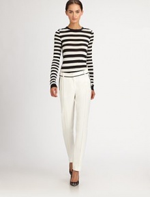 Graphic, sporty stripes, band this fine-knit silk silhouette.CrewneckLong sleevesRib-knit cuffs and hemWider back stripesSilkDry cleanImportedModel shown is 5'10 (177cm) wearing US size Small. Graphic, sporty stripes, band this fine-knit silk silhouette.CrewneckLong sleevesRib-knit cuffs and hemWider back stripesSilkDry cleanImportedModel shown is 5'10 (177cm) wearing US size Small.
