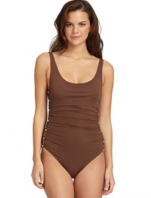 THE LOOKU-neckCutout sides with golden bead accentsPadded cupsScoopbackTHE MATERIAL87% nylon/13% spandexCARE & ORIGINHand washImported THE LOOKU-neckCutout sides with golden bead accentsPadded cupsScoopbackTHE MATERIAL87% nylon/13% spandexCARE & ORIGINHand washImported