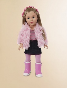 Pink Glamour doll has pretty blue eyes, and lovely long, blonde hair that's tied back in three places with pink ribbon bows. As a glamour girl she's dressed in a pink-and-grey striped jersey top and a short denim skirt. A pink plush jacket worn on top adds even more style to this outfit which is completed by pink and white leggings, pink and white rain boots and a pink satin ribbon in her hair.About 18 tallRecommended for ages 3 and upWipe with damp clothImported