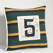 Inspired by a vintage rugby uniform, this pillow in striped cotton jersey sports a well-worn 5 patch atop a canvas square with printed signatures in different front for a handcrafted look. Inspired by a vintage rugby uniform, this pillow in striped cotton jersey sports a well-worn 5 patch atop a canvas square with printed signatures in different front for a handcrafted look.