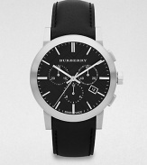 A smooth leather strap bracelet distinguishes a classic chronograph style, designed in brushed and polished stainless steel, finished with a black check hydraulic stamped dial.Chronograph movementRound bezelWater resistant to 5ATMDate display at 4 o'clock Second handStainless steel case: 42mm(1.65)Leather braceletImported