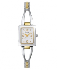With two luminous metallic tones and artful elegance, this Caravelle by Bulova watch beams with sophistication. Two-tone mixed metal bangle bracelet. Rectangular mixed metal case and rectangular white dial with logo and numeral indices. Quartz movement. Moisture resistant. Three-year limited warranty. With two luminous metallic tones and artful elegance, this Caravelle by Bulova watch beams with sophistication. Two-tone mixed metal bangle bracelet. Rectangular mixed metal case and rectangular white dial with logo and numeral indices. Quartz movement. Moisture resistant. Three-year limited warranty.