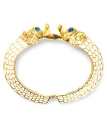 Slip on some sea-creature sass. Betsey Johnson's hinge bangle bracelet features sea horse details and blue-crystal accents. Set in ivory and gold tone mixed metal. Approximate diameter: 2-1/2 inches. Slip on some sea-creature sass. Betsey Johnson's hinge bangle bracelet features sea horse details and blue-crystal accents. Set in ivory and gold tone mixed metal. Approximate diameter: 2-1/2 inches.