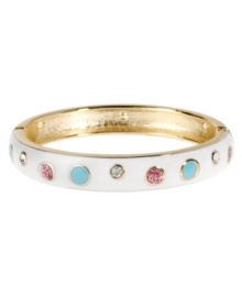 Fill in the dots. Betsey Johnson's pretty hinge bangle features a white surface decorated with glittery pink and solid blue dots and shimmering crystal accents. Set in gold tone mixed metal. Approximate diameter: 2-1/2 inches. Fill in the dots. Betsey Johnson's pretty hinge bangle features a white surface decorated with glittery pink and solid blue dots and shimmering crystal accents. Set in gold tone mixed metal. Approximate diameter: 2-1/2 inches.