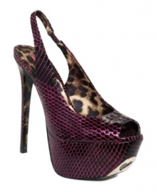 Earth-shaking style. Shining bright in metallic snake print, the Boommm platform pumps present an ab-fab peep-toe look that's sure to put the wow in your evening wear. A heart-shaped metal cut-out ensures you leave a signature mark with every step. Earth-shaking style. Shining bright in metallic snake print, the Boommm platform pumps present an ab-fab peep-toe look that's sure to put the wow in your evening wear. A heart-shaped metal cut-out ensures you leave a signature mark with every step.