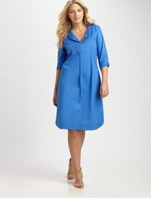 When you think of the quintessential combination of comfort and style, think about this shirtdress. It features a relaxed fit, courtesy of a touch of stretch and a feminine, curved hem.Split neckButton-tab sleevesBust dartsCurved hemAbout 25 from natural hem97% cotton/3% spandexDry cleanMade in USA of imported fabric When you think of the quintessential combination of comfort and style, think about this shirtdress. It features a relaxed fit, courtesy of a touch of stretch and a feminine, curved hem.Split neckButton-tab sleevesBust dartsCurved hemAbout 25 from natural hem97% cotton/3% spandexDry cleanMade in USA of imported fabric