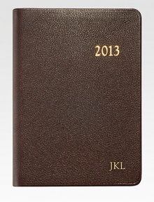 The ideal social agenda, featuring month-at-a-view and week-at-a-view pages, daily note pages plus maps, travel and holiday information.Hand-crafted, Smyth-sewn goatskin leather coverGilt-edged acid-free creamy white paperAbout 5½W X 7½HMade in USA The ideal social agenda, featuring month-at-a-view and week-at-a-view pages, daily note pages plus maps, travel and holiday information.Hand-crafted, Smyth-sewn goatskin leather coverGilt-edged acid-free creamy white paperAbout 5½W X 7½HMade in USA