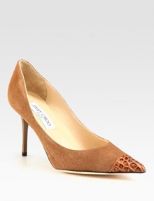 Lady-like silhouette of rich suede with a crocodile-embossed leather point toe. Lacquered heel, 3½ (90mm)Suede upper with crocodile-embossed leather point toePoint toeLeather lining and solePadded insoleMade in ItalyOUR FIT MODEL RECOMMENDS ordering one half size up as this style runs small. Lady-like silhouette of rich suede with a crocodile-embossed leather point toe. Lacquered heel, 3½ (90mm)Suede upper with crocodile-embossed leather point toePoint toeLeather lining and solePadded insoleMade in ItalyOUR FIT MODEL RECOMMENDS ordering one half size up as this style runs small.