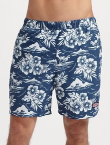 A tropics-inspired option for the beach, board and beyond in quick-dry microfiber. Elastic waist Logo tab on left leg Side slash, back flap pockets Mesh lining Inseam, about 7 Polyester Machine wash Imported 