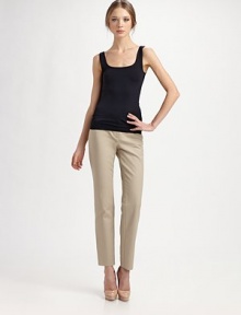 Smooth and simple knit in seamless jersey. Scoopneck Scoopback Nylon/elastene; machine wash Imported Smooth and simple knit in seamless jersey. Scoopneck Scoopback Nylon/elastene; machine wash Imported