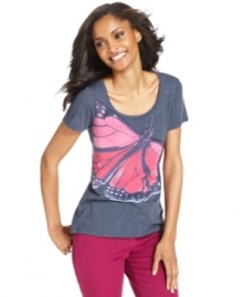 A butterfly in flight glides across Style&co.'s adorable scoopneck tee, a weekend essential to pair with jeans, shorts and more! A butterfly in flight glides across Style&co.'s adorable scoopneck tee, a weekend essential to pair with jeans, shorts and more!