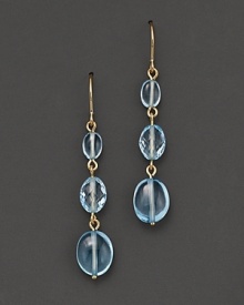 A gorgeous triple drop earring imagined with blue topaz and yellow gold links. A gorgeous triple drop earring imagined with blue topaz and yellow gold links.