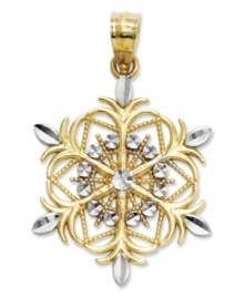 As unique as you are. This stunning diamond-cut snowflake is crafted in 14k white gold and sterling silver. Approximate length: 1 inch. Approximate width: 7/10 inch. As unique as you are. This stunning diamond-cut snowflake is crafted in 14k white gold and sterling silver. Approximate length: 1 inch. Approximate width: 7/10 inch.