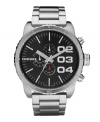 Get your point across with this larger-than-life watch by Diesel. Stainless steel bracelet and oversized round case, 52mm. Black chronograph dial features silver tone numerals, stick indices, minute track, three subdials, luminous hands and logo. Quartz movement. Water resistant to 50 meters. Two-year limited warranty.