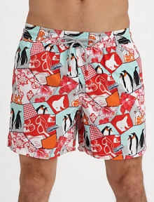 A lively penguin print adorns these quick-dry trunks, complete with a drawstring waist and back eyelets to avoid a ballooning effect.Drawstring elastic waistBack flap pocket with grip-tape closureMesh liningPolyamideMachine washImported