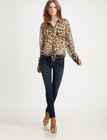 Bold leopard-print punches up this airy silk button-down styled with a chic tie-front hem.Point collarDropped shouldersChest pocketButton-down placketTie-front hemAbout 21 from shoulder to hemSilkDry cleanImportedModel shown is 5'9½ (176cm) wearing US size Small. Bold leopard-print punches up this airy silk button-down styled with a chic tie-front hem.Point collarDropped shouldersChest pocketButton-down placketTie-front hemAbout 21 from shoulder to hemSilkDry cleanImportedModel shown is 5'9½ (176cm) wearing US size Small.