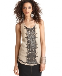 Ornate beading adds an opulent appeal to this Bar III tank -- perfect for a chic party look! Ornate beading adds an opulent appeal to this Bar III tank -- perfect for a chic party look!