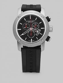 A classic chronograph design crafted with expert Swiss precision and a textured stainless steel bezel. Second hand Date display at 4 o'clock Round case, 44mm, 1.73 Rubber logo strap, 24mm, 0.94 Water resistant to 10 ATM Swiss quartz chronograph movement Imported 