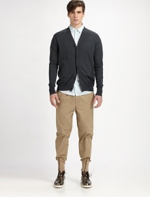 Functionality meets casual comfort with this fashion-forward, tapered utility pant with zipper and knit trim at the ankle.Drawstring tie waistSide slash, back flap pocketsInseam, about 2844% cotton/42% polyester/14% nylonDry cleanImported Functionality meets casual comfort with this fashion-forward, tapered utility pant with zipper and knit trim at the ankle.Drawstring tie waistSide slash, back flap pocketsInseam, about 2844% cotton/42% polyester/14% nylonDry cleanImported