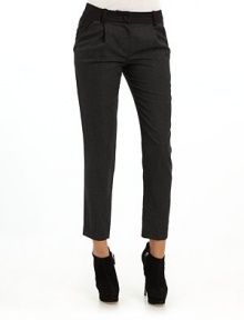 THE LOOKZip fly with double tab-and-bar closureBelt loopsSlant side pocketsDecorative back pocketsContrast stitching at waistTHE FITRise, about 7½Inseam, about 28THE MATERIALWoolTrim: 70% wool/30% rayonLining: 55% polyester/45% rayonCARE & ORIGINDry cleanImported THE LOOKZip fly with double tab-and-bar closureBelt loopsSlant side pocketsDecorative back pocketsContrast stitching at waistTHE FITRise, about 7½Inseam, about 28THE MATERIALWoolTrim: 70% wool/30% rayonLining: 55% polyester/45% rayonCARE & ORIGINDry cleanImported