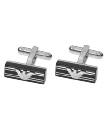 A thoughtful and stylish touch by Emporio Armani. These classic logo cufflinks are crafted in sterling silver with grooved black lacquer. A thoughtful and stylish touch by Emporio Armani. These classic logo cufflinks are crafted in sterling silver with grooved black lacquer.