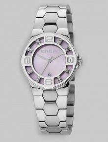 From the Grid Collection. A stainless steel design with hour markers and glimmering Swarovski crystals along the bezel.Swiss quartz movement Water resistant to 5 ATM Numeral and Swarovski crystal hour markers along wide bezel Round stainless steel case, 32mm, (1.25) Sunray dial Date display at 6 o'clock Second hand Stainless steel link bracelet Jewelry buckle closure Imported From the Grid Collection. A stainless steel design with hour markers and glimmering Swarovski crystals along the bezel.Swiss quartz movement Water resistant to 5 ATM Numeral and Swarovski crystal hour markers along wide bezel Round stainless steel case, 32mm, (1.25) Sunray dial Date display at 6 o'clock Second hand Stainless steel link bracelet Jewelry buckle closure Imported