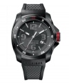 From business casual at the office to beach casual at the ocean, this watch by Tommy Hilfiger has you covered. Black silicone strap and round black ion-plated stainless steel case. Black bezel with white numerals and red iconic flag logo. Brushed black dial features stick indices, numerals at twelve, three, six and nine o'clock, date window at four o'clock, luminous hands and text logo. Quartz movement. Water resistant to 30 meters. Ten-year limited warranty.