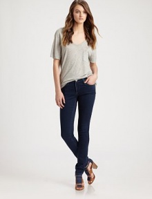 Super skinny stretch denim in a classic dark rinse.THE FITSkinny fitRise, about 7¼Inseam, about 31THE DETAILSZip flyFive-pocket styleSignature stitch back patch pockets69% rayon/29% cotton/2% polyurethaneMachine washMade in USA of imported fabricModel shown is 5'9½ (176cm) wearing US size 4. Super skinny stretch denim in a classic dark rinse.THE FITSkinny fitRise, about 7¼Inseam, about 31THE DETAILSZip flyFive-pocket styleSignature stitch back patch pockets69% rayon/29% cotton/2% polyurethaneMachine washMade in USA of imported fabricModel shown is 5'9½ (176cm) wearing US size 4.