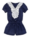A stylish romper rendered in Swiss-dot cotton is accented with ruffled lace and a sash for the perfect summer ensemble.