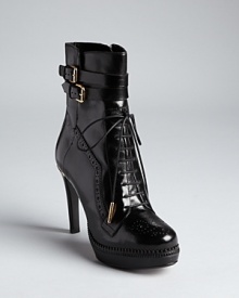These Burberry ankle booties sum up all the trends with lace up details, ankle buckles and perforated, oxford detailing. Golden accents throughout add just the right punctuation against luxurious leather. These Burberry ankle booties sum up all the trends with lace up details, ankle buckles and perforated, oxford detailing. Golden accents throughout add just the right punctuation against luxurious leather.