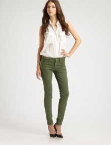 Work the trend in ultra-stretchy skinnies with five-pocket styling and a flattering medium rise. THE FITSkinny fitMedium rise, about 8Inseam, about 29THE DETAILSButton closureZip flyFive-pocket style98% cotton/2% LycraMachine washMade in USA of imported fabricModel shown is 5'10 (177cm) wearing US size 2. Work the trend in ultra-stretchy skinnies with five-pocket styling and a flattering medium rise. THE FITSkinny fitMedium rise, about 8Inseam, about 29THE DETAILSButton closureZip flyFive-pocket style98% cotton/2% LycraMachine washMade in USA of imported fabricModel shown is 5'10 (177cm) wearing US size 2.