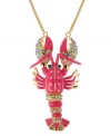 Rock lobster. Betsey Johnson brings a sandy outlook with this cute pink lobster pendant embellished with crystal accents and gold tone details. Crafted in antique gold tone mixed metal. Approximate length: 26 inches + 3-inch extender. Approximate drop length: 5-1/2 inches. Approximate drop width: 3 inches.