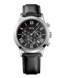 The modern man's must-have accessory. Watch by Hugo Boss crafted of black croc-embossed leather strap and round stainless steel case. Textured black chronograph dial features silver tone Roman numerals, date window, three subdials, luminous hands and logo. Quartz movement. Water resistant to 30 meters. Two-year limited warranty.