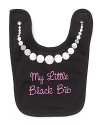 A black bib with pearls and My little black bib printed on front.