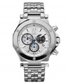 Another technical masterpiece by Gc Swiss Made Timepieces. Crafted of stainless steel bracelet and round case with silver-tone lugs at bezel. Gray grid-patterned chronograph dial features applied silver-tone stick indices, tachymeter scale, date window at four o'clock, three subdials, hour and minute hands, blue second hand and logo. Swiss quartz movement. Water resistant to 100 meters. Ten-year limited warranty. Luxury Gc gift box packaging included.