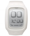 This crisp and unblemished digital watch from Swatch's Touch White collection boasts innovative touch-screen technology, making it a multi-functional accessory.