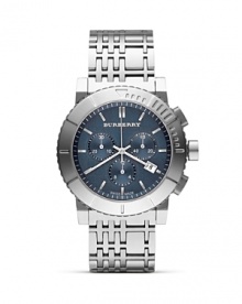 Burberry recasts its classic check pattern in silvery fashion. Wear this blue-faced chronograph to make a modern statement with an iconic edge. Burberry recasts its classic check pattern in silvery fashion. Wear this blue-faced chronograph to make a modern statement with an iconic edge.