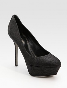 Exotic pressed-suede look with a rounded toe and island platform. Self-covered heel, 4½ (100mm) Island platform, 1½ (40mm) Compares to a 2¼ heel (60mm) Pressed suede upper Peep toe Leather lining and sole Padded insole Made in Italy Exotic pressed-suede look with a rounded toe and island platform. Self-covered heel, 4½ (100mm) Island platform, 1½ (40mm) Compares to a 2¼ heel (60mm) Pressed suede upper Peep toe Leather lining and sole Padded insole Made in Italy
