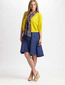 This vibrant topper is rendered in a wonderfully soft cotton/cashmere blend.Banded jewel necklineButton frontThree-quarter sleevesRib-knit cuffs and hemlineAbout 22½ from shoulder to hem85% organic cotton/15% cashmereDry cleanImported This vibrant topper is rendered in a wonderfully soft cotton/cashmere blend.Banded jewel necklineButton frontThree-quarter sleevesRib-knit cuffs and hemlineAbout 22½ from shoulder to hem85% organic cotton/15% cashmereDry cleanImported