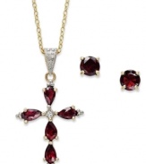 Symbolic sparkle. Victoria Townsend's beautiful matching jewelry set features a pair of stud earrings and pendant in the shape of a cross. Crafted in 18k gold over sterilng silver, highlighting round and pear-cut garnets (2-1/2 ct. t.w.). Approximate length: 18 inches. Approximate drop: 1-1/4 inches. Approximate diameter: 3/16 inch.