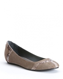 Netural suede flats up their fashion quotient with snakeskin-embossed details, in modern, Calvin Klein style. Netural suede flats up their fashion quotient with snakeskin-embossed details, in modern, Calvin Klein style.