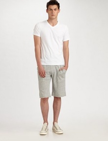 Clean styling meets weekend comfort in a relaxed, sweatshirt-style knit with raw hems and deep pockets. Front, back patch pockets Inseam, about 14 54% cotton/36% polyester/10% Lycra Machine wash Imported Clean styling meets weekend comfort in a relaxed, sweatshirt-style knit with raw hems and deep pockets. Front, back patch pockets Inseam, about 14 54% cotton/36% polyester/10% Lycra Machine wash Imported