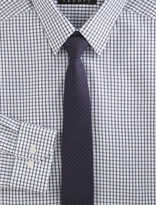 A modern, finely tailored addition to the 9-to-5 wardrobe with new-look check pattern. Buttonfront Point collar 98% cotton/2% elastane Dry clean Imported A modern, finely tailored addition to the 9-to-5 wardrobe with new-look check pattern. Buttonfront Point collar 98% cotton/2% elastane Dry clean Imported