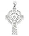 Cherish your faith and your Celtic heritage with this unique Claddagh cross charm. Crafted in 14k white gold with an intricate filigree design. Chain not included. Approximate length: 1-2/3 inches. Approximate width: 9/10 inch.