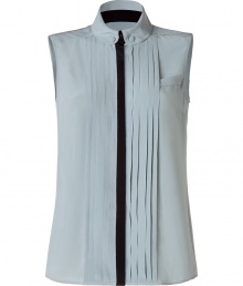 Elegant top made ..of fine, ice blue silk - Mega stylish with a stand-up collar, pleated draping and accent stitching - The cut is feminine fitted and slim - Slightly longer cut, sleeveless - A great fashion upgrade for simple basics - Chic under a pants suit, rocking with leather pants, casual with jeans Elegant top made ..of fine, ice blue silk - Mega stylish with a stand-up collar, pleated draping and accent stitching - The cut is feminine fitted and slim - Slightly longer cut, sleeveless - A great fashion upgrade for simple basics - Chic under a pants suit, rocking with leather pants, casual with jeans