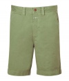 Casual shorts in fine, pure olive green cotton - Soft, lighter weight fabric has a relaxed, worn-in look - Classic Bermuda style is slim and hits above the knee - Belt loops, zip fly and button closure - Slash pockets at sides, welt pockets at rear - Rugged and cool, ideal for pairing with t-shirts, button downs and polos