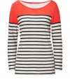 Spring-favorite stripes get a cool colorblock in Steffen Schrauts tri-tone top - Wide neckline, long sleeves - Fitted - Wear with favorite skinnies and bright leather flats