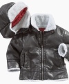 This Guess faux leather bomber jacket and hat will have him riding that stroller in seriously cute style.