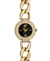 Your link to a truly unique look, by Style&co. Crafted of gold tone mixed metal linked bracelet and round case. Bezel embellished with crystal accents. Black dial features gold tone numerals at twelve and six o'clock, applied stick markers at three and nine o'clock, three hands and logo. Quartz movement. Splash resistant. Three-year limited warranty.